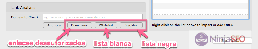 Lista blanca y lista negra de enlaces en URL Profiler