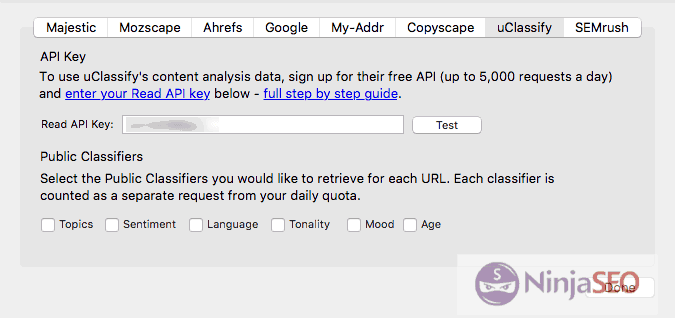 API de uClassify en URL Profiler