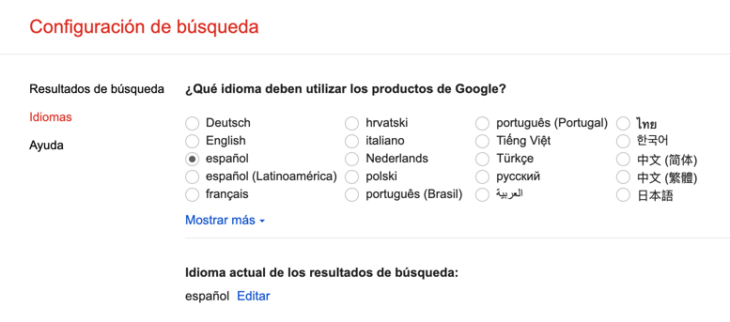 Configuración De Búsqueda De Google Idiomas