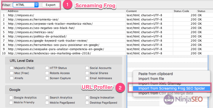 Importar datos de Screaming Frog en URL Profiler