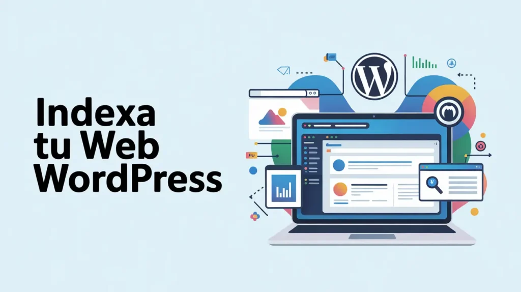 Ilustración de ordenador portátil con gráficos y el logo de WordPress, simbolizando SEO para indexar sitios web.