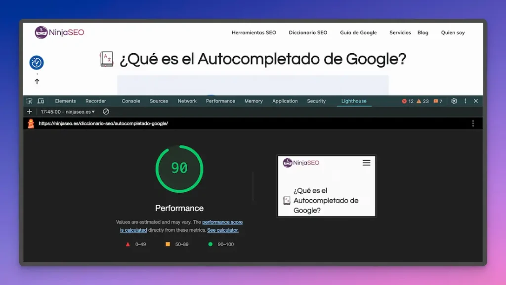 Chrome DevTools Lighthouse diccionario seo