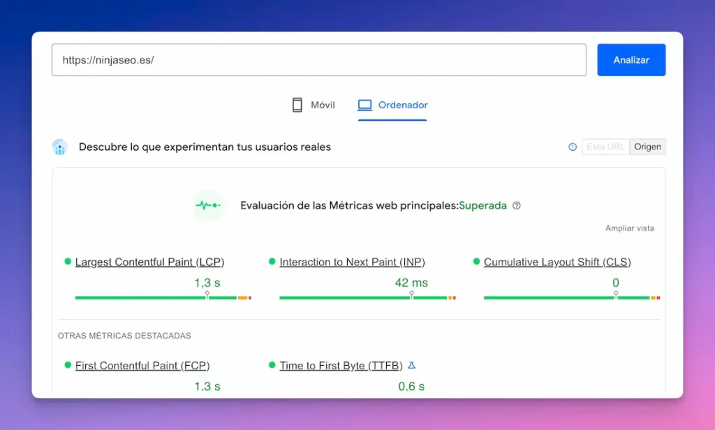 Google PageSpeed Insights datos de usuarios reales
