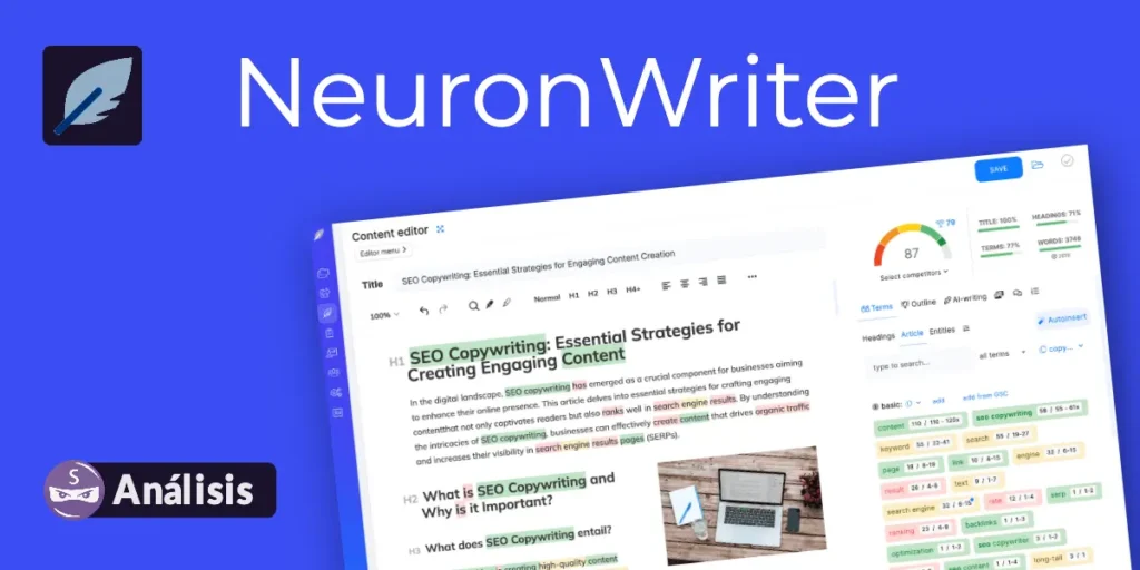 Interfaz de NeuronWriter, herramienta de análisis SEO con editor de contenido y métricas de optimización.