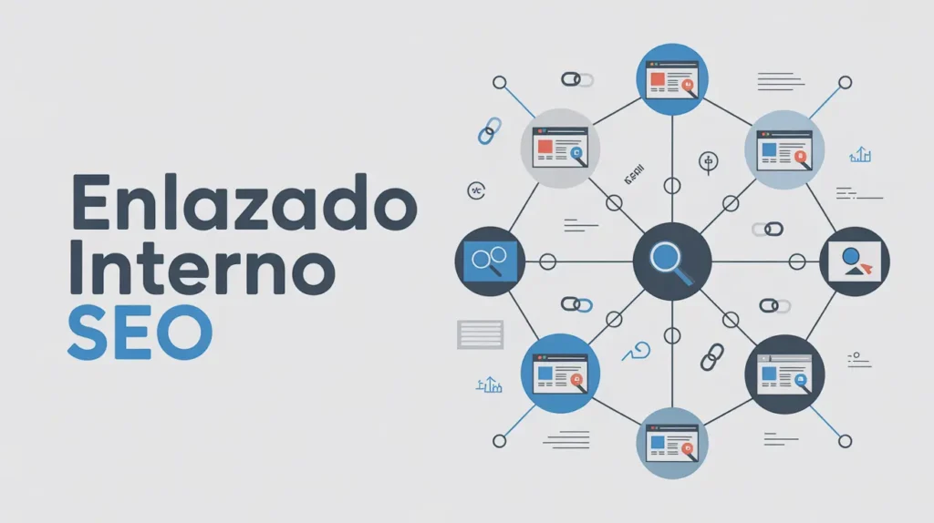 Gráfico de enlazado interno para SEO con íconos de enlaces y buscadores.