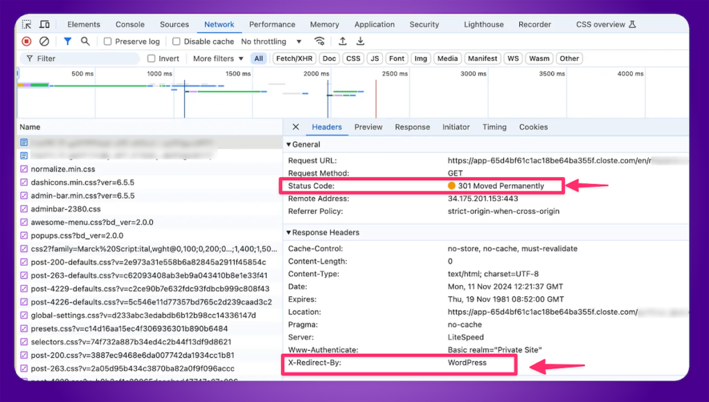 Pantalla de Chrome DevTools mostrando c&oacute;digo de estado 301, indicando redirecci&oacute;n permanente en la secci&oacute;n de encabezados.