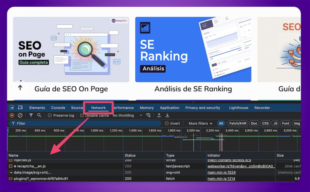 Captura de pantalla de la pesta&ntilde;a "Network" en DevTools de Google Chrome, resaltando recursos cargados.