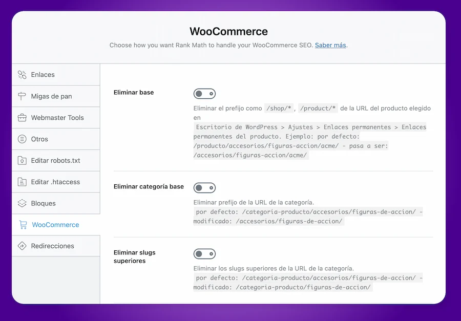 Panel de ajustes SEO de Rank Math WooCommerce con opciones para eliminar bases y slugs en URLs.
