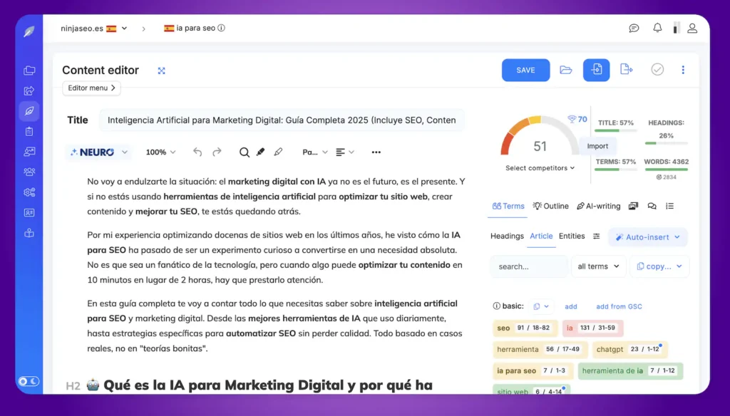 Editor de contenido de NeuronWriter mostrando herramientas para optimizaci&oacute;n SEO y an&aacute;lisis de competidores.