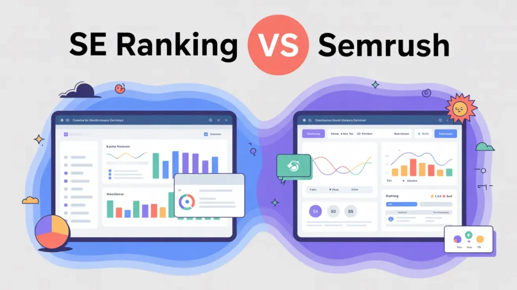 Comparación de interfaces gráficas de SE Ranking y Semrush con gráficos y estadísticas mostradas en pantallas digitales.