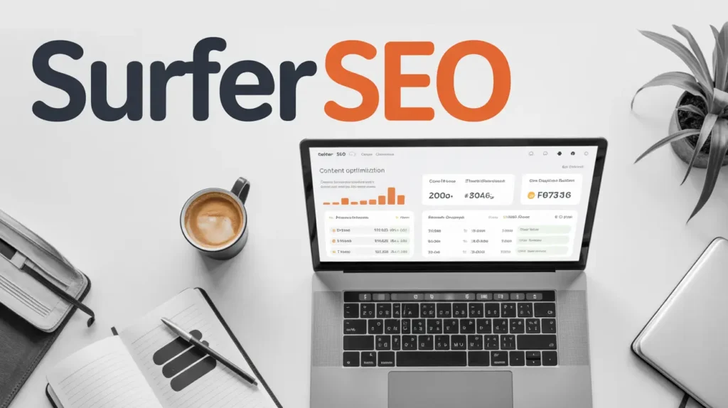 Ordenador portátil con interfaz de Surfer SEO, rodeado de café, libreta y planta decorativa.