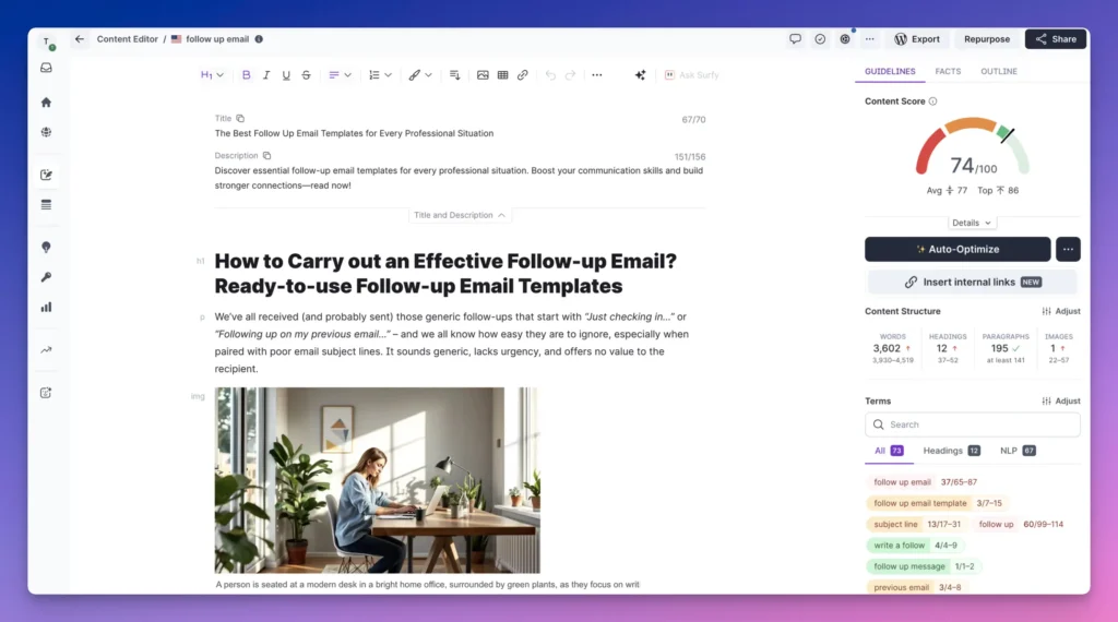 Editor de contenido de Surfer SEO mostrando la puntuaci&oacute;n de contenido y una gu&iacute;a de optimizaci&oacute;n de correos electr&oacute;nicos de seguimiento.